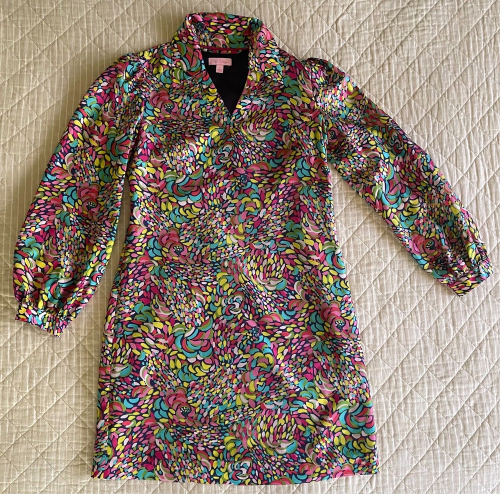 Lilly Pulitzer Blue Pink Yellow Green Red Collared Long Sleeve Silk Dress Size 4