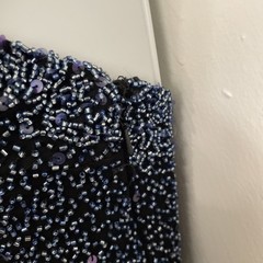 Vintage Scala Beaded Silk Dress Sz XXL Navy Blue Spaghetti Strap One Shoulder