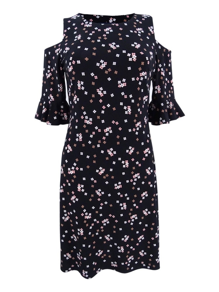Tommy Hilfiger Women&rsquo;s Printed Cold-Shoulder Dress (4, Black/Coral) 190607715640