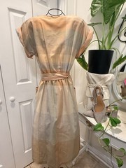VintageWomen’s Beige Tan Gray Striped Square Neck Cap Sleeve Midi Shirt Dress 11