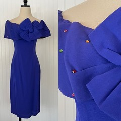 Vintage 80&rsquo;s Purple Bow Prom Cocktail Dress Colorful Rhinestones Formal Sexy