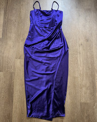Windsor Purple Satin Straight Neck Spaghetti Strap Ruched Maxi Dress Women M