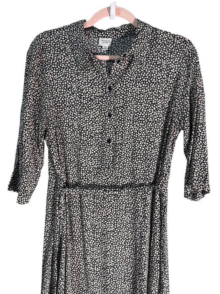 Jacqueline De Yong Dress Womens 8 Black Floral Maxi Shirt Dress Belted Viscose