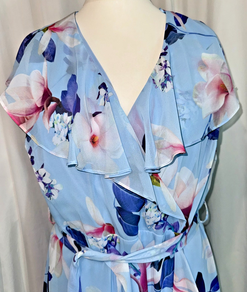 ROMAN Size 18 Petite Gorgeous Floral Maxi Dress Blue Frill Hem Cruise VGC, Clean