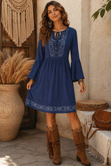 Knox Rose Blue Embroidered V-Neck Tie Long Bell Sleeve Shift Dress L