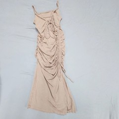Sophie Rue Tan Ribbed Knit Ruched Side Slit Dress Womens Large Square Neck Midi