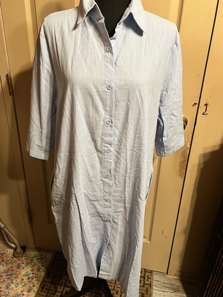 Button Front Dress With Pockets Linen Cotton Blend Large Midi