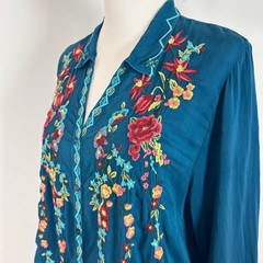 Johnny Was Embroidered Shirt Dress Boho Colorful Floral Size XL Women&rsquo;s