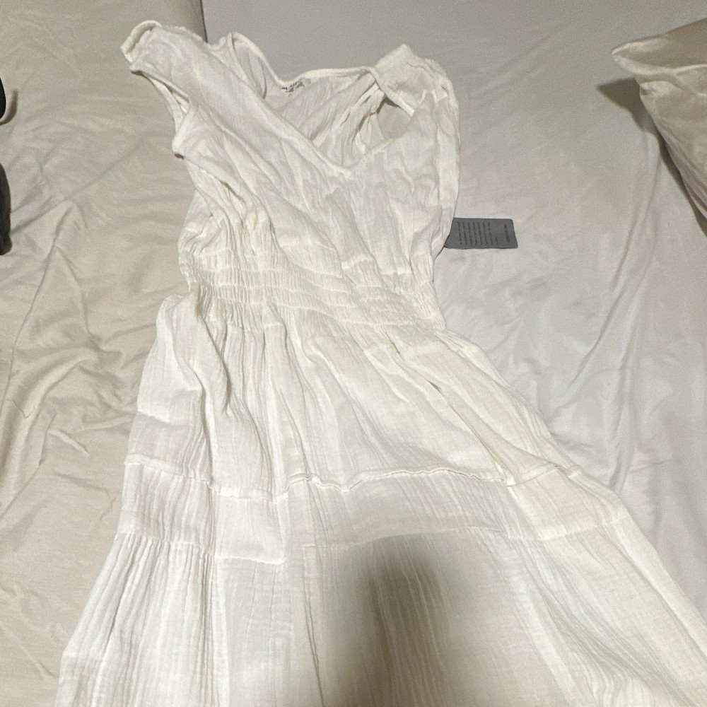 White Solid Sleeveless Smocked Ruffle Maxi Dress Womens Size S Regular Long