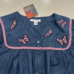 Go Softly NEW Cotton Chambray Patio House Dress L Muumuu Embroidered Butterfly