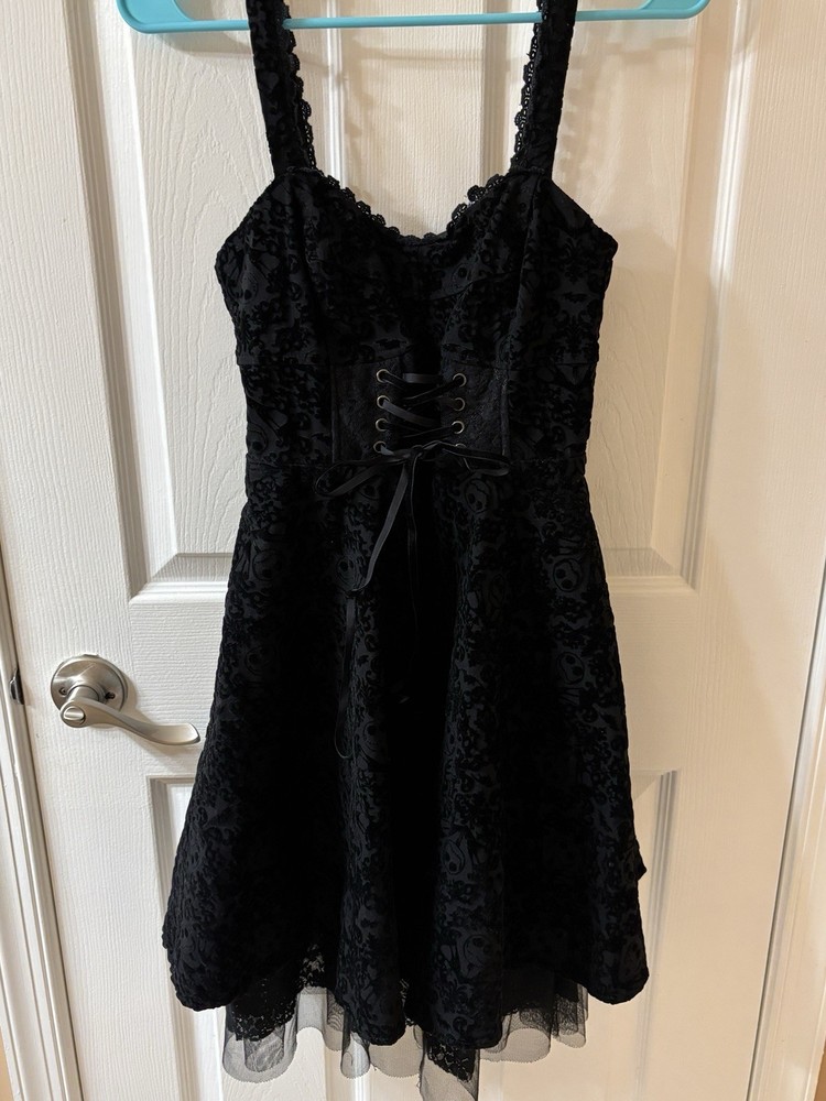 Nightmare Before Christmas Black Flocked Velvet Corset Dress Jack Lace Sz Small