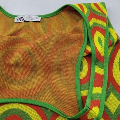 Zara Jacquard Knit Mini Dress Size S Retro 60s Mod Boho Citrus Yellow Green Red