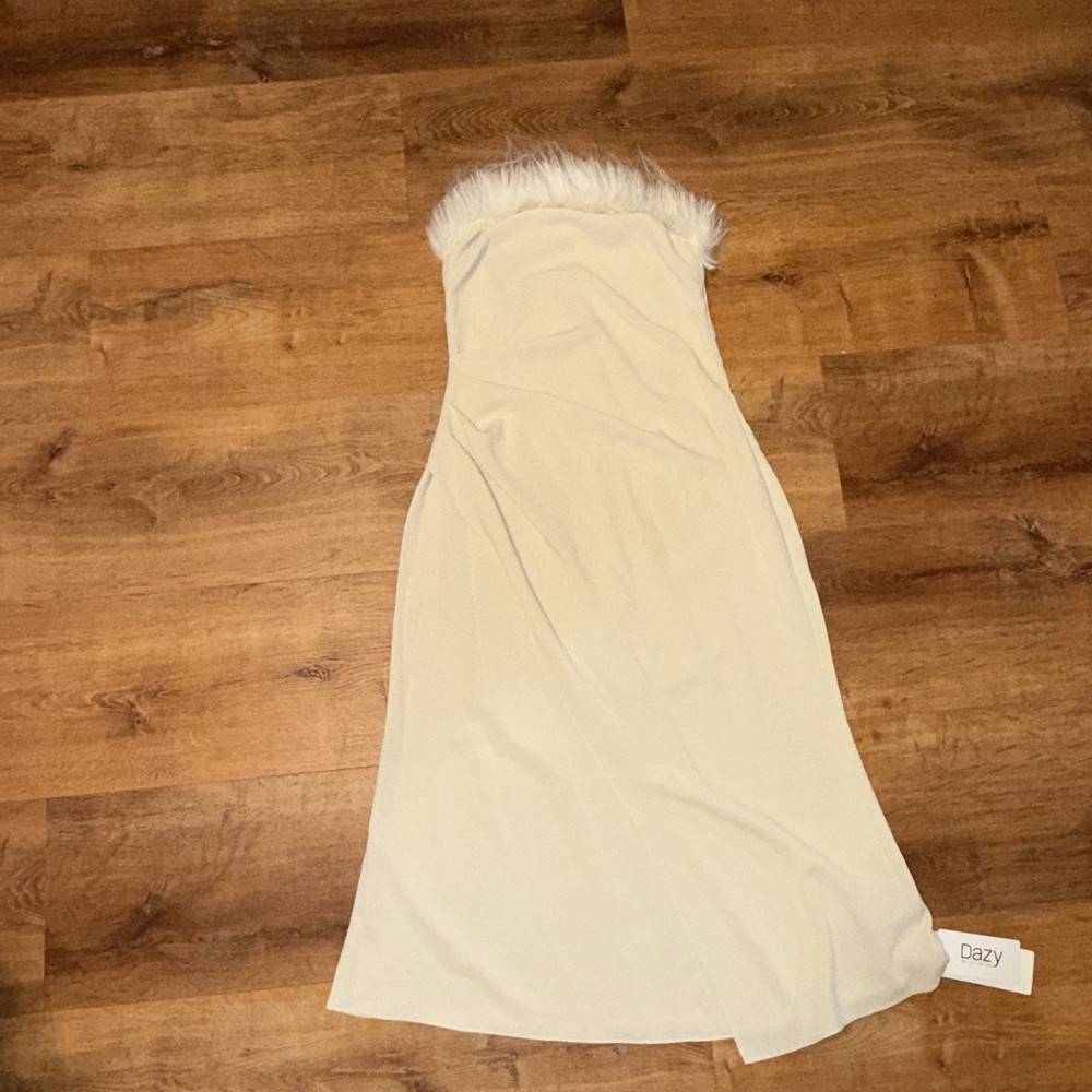Dazy Ivory Strapless Feather Satin Maxi Dress Sleeveless