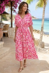 Susan Graver Passport Maxi Dress L Petite Pink Floral Beachy Flowy Beaded Trim