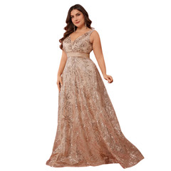 Plus Size Luxury Deep V neck Sequin Evening Dress Elegant V back Long Formal