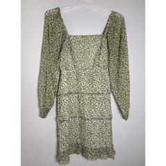 Sim & Sam Green White Floral Smocked Tiered Mini Dress Square Neck Small