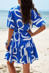 Random Print Button Down Belt Ruffle Midi Dress