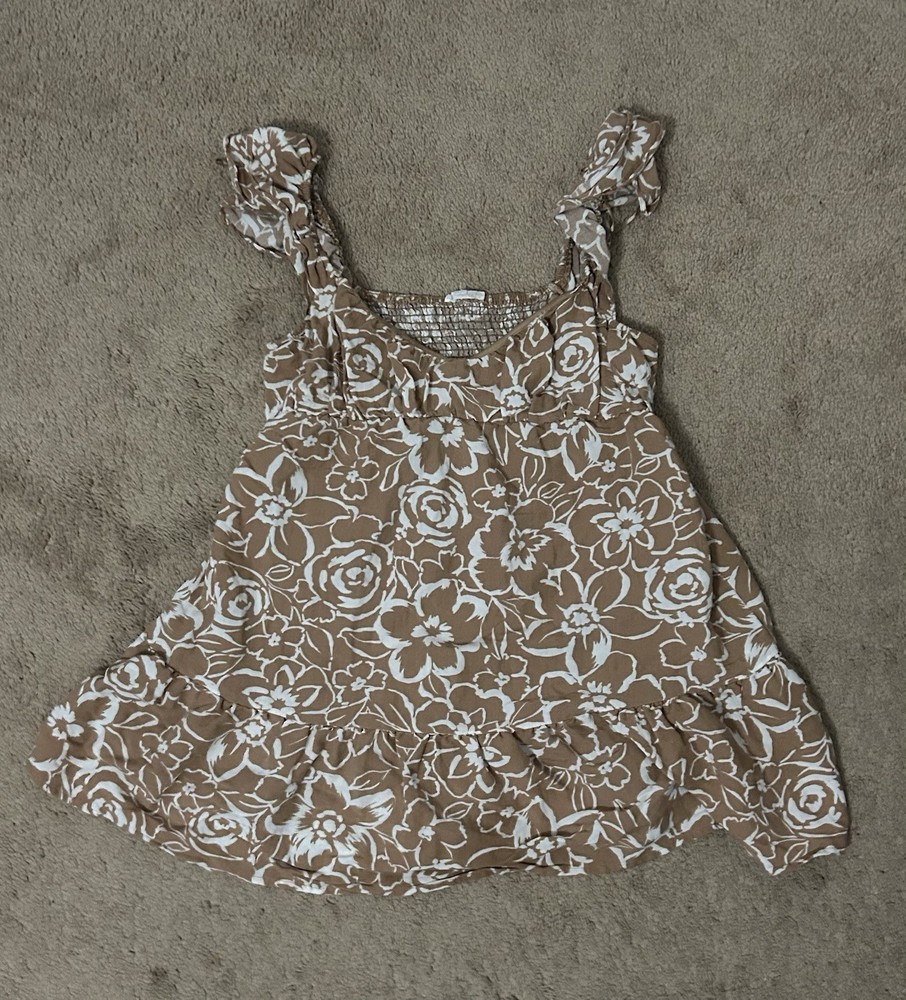 Women&rsquo;s Brown & White Floral Smocked Ruffle Strap Square Neck Mini Sundress