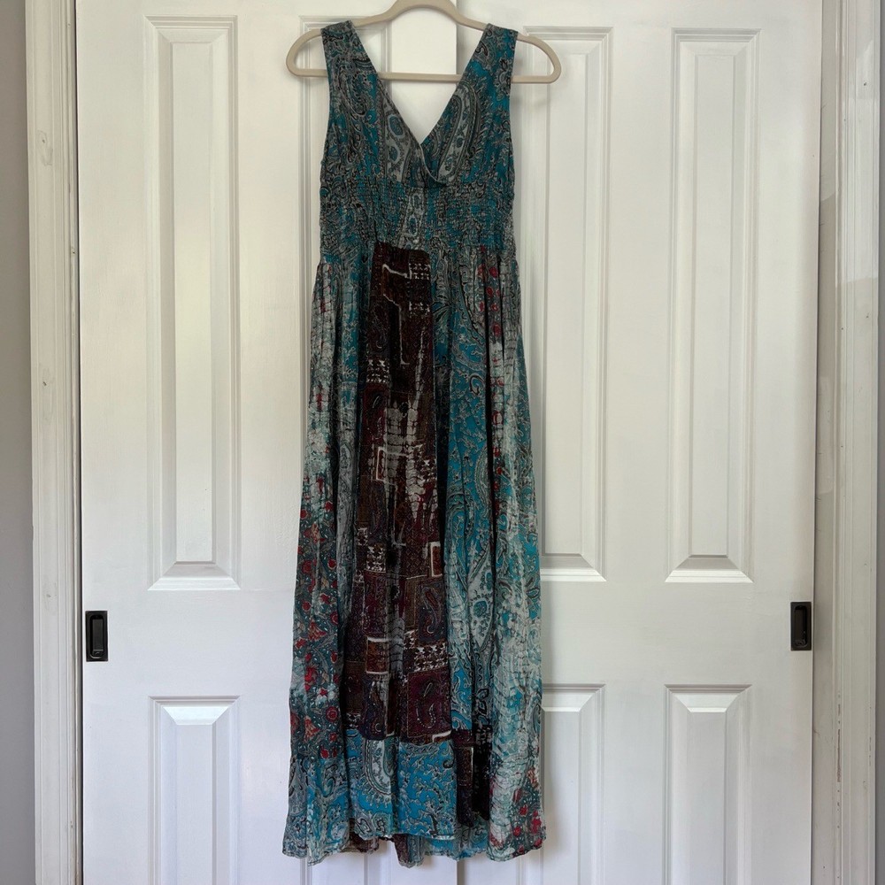 Solitaire Bohemian Patchwork Smocked Paisley Multi-Color Maxi Dress Size L