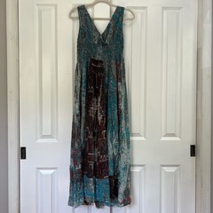 Solitaire Bohemian Patchwork Smocked Paisley Multi-Color Maxi Dress Size L