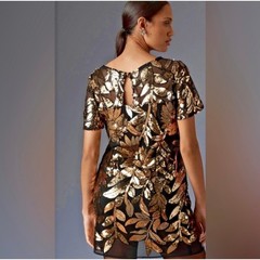 Maeve Anthropologie Gold Sequin Floral Sheer Mini Dress Black 4130370060209