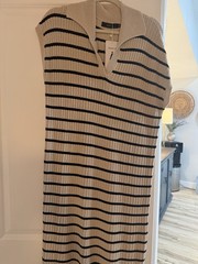ZESICA Beige Black Striped Knit Sweater Dress Midi Side Slit Collared V-Neck