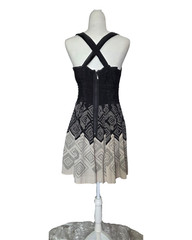 Bebe Beaded Embellished Printed 100% Silk Sleeveless Dress Medium Black Beige