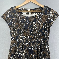 VTG Talbots Floral Print Stretch Dress Black Brown White SZ 8 Y2K Flowercore