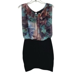 Aidan Mattox Watercolor Blouson Sheath Dress Black Purple Blue Green Size 10