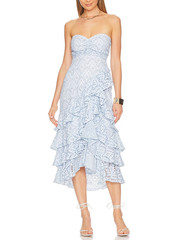 SUNDRESS Flavie Blue Eyelet Strapless Tiered Ruffle Midi Dress S $264