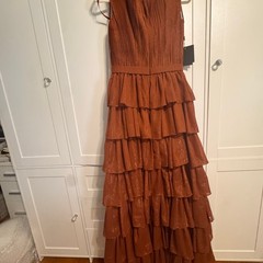 IEENA by Mac Duggal Rust Copper Metallic Tiered Ruffle Maxi Gown Size 4 NWT