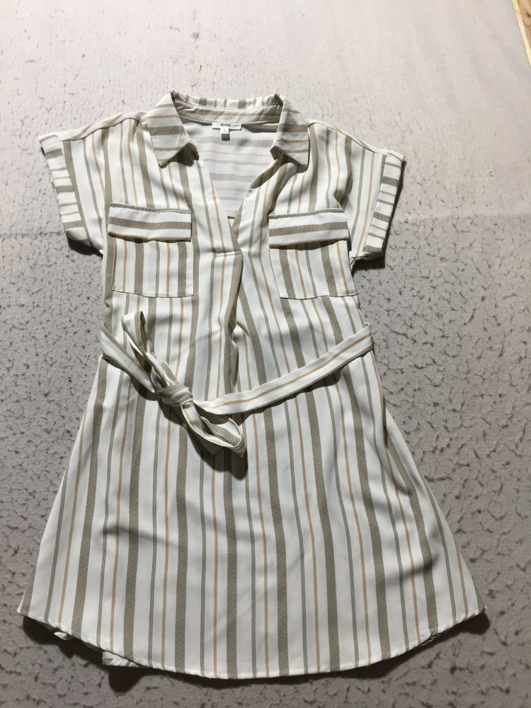 Mine Blouson Dress Womens M Medium White Brown Striped Pockets Tied Waist