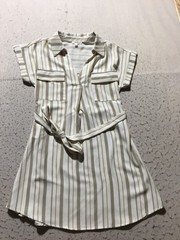 Mine Blouson Dress Womens M Medium White Brown Striped Pockets Tied Waist