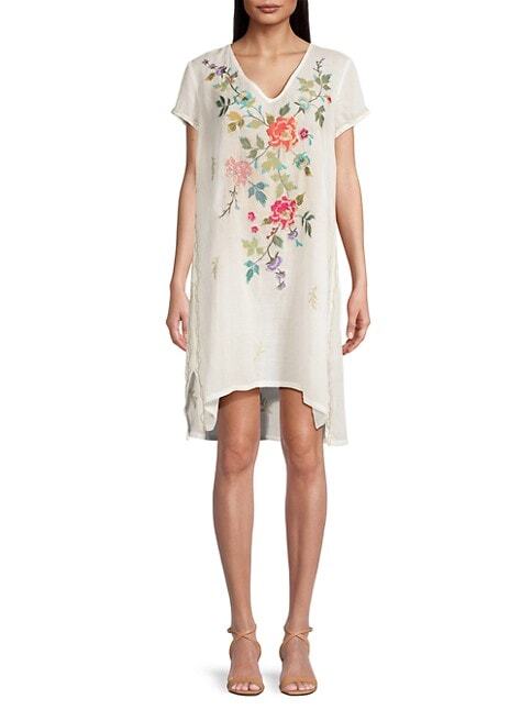Johnny Was Adele Drape Tunic Dress Floral Embroidery Flowers White Ramie New