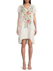 Johnny Was Adele Drape Tunic Dress Floral Embroidery Flowers White Ramie New