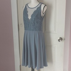 Grace Karin Dusty Blue Illusion Neckline Deep V-neck Formal Wedding Dress Size L