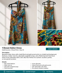 Women&rsquo;s Adult Medium Halter Dress Blue Floral Gold Metallic Print Boho Sundress