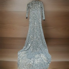 Evening Silver Sequin Beaded Cowl Maxi Dress Formal Size M Fully Embellished