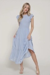 Active Light Blue Smocked Short Sleeve Ruffle Midi Summer Spring Modest Dress