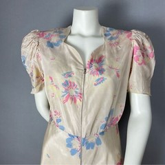 Vintage 1940s Floral Dress Zipper Front Housedress Short Puffed Sleeves Beige