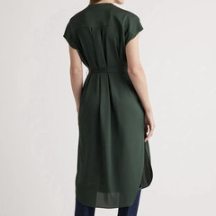 Quince Women’s Green Solid Shirt Dress M Midi Button-Front Collared Belted