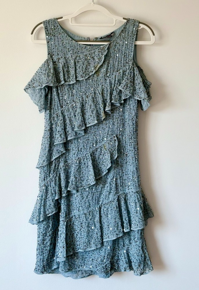 Parker Blue Sequin Tiered Ruffle Cold Shoulder Dress Silk Cocktail Size S