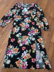 VILA Black Floral V-Neck Midi Dress EU 36 US S Long Sleeve A-Line NWT