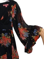 Betsy Johnson Floral Mini Dress Sz 4 Black Pink Babydoll Bell Sleeves Whimsigoth