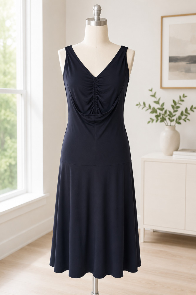 NWT London Times Navy Ruched Cocktail Dress Size 6 Sleeveless Stretch Midi