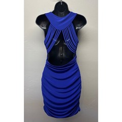 VTG DEB Mini Club Dress Ruched Caged Back Sleeveless Large Blue Bodycon Y2K