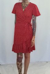 Red With White Polka Dots Mini Dress Tie Waist With Ruffles Sz. S V Neck