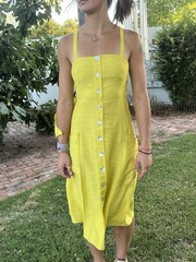 Lumiere Chartreuse yellow Button-Front Midi Dress Sz S Square Neck Open Back
