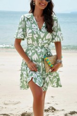 Random Print Button Down Belt Ruffle Midi Dress