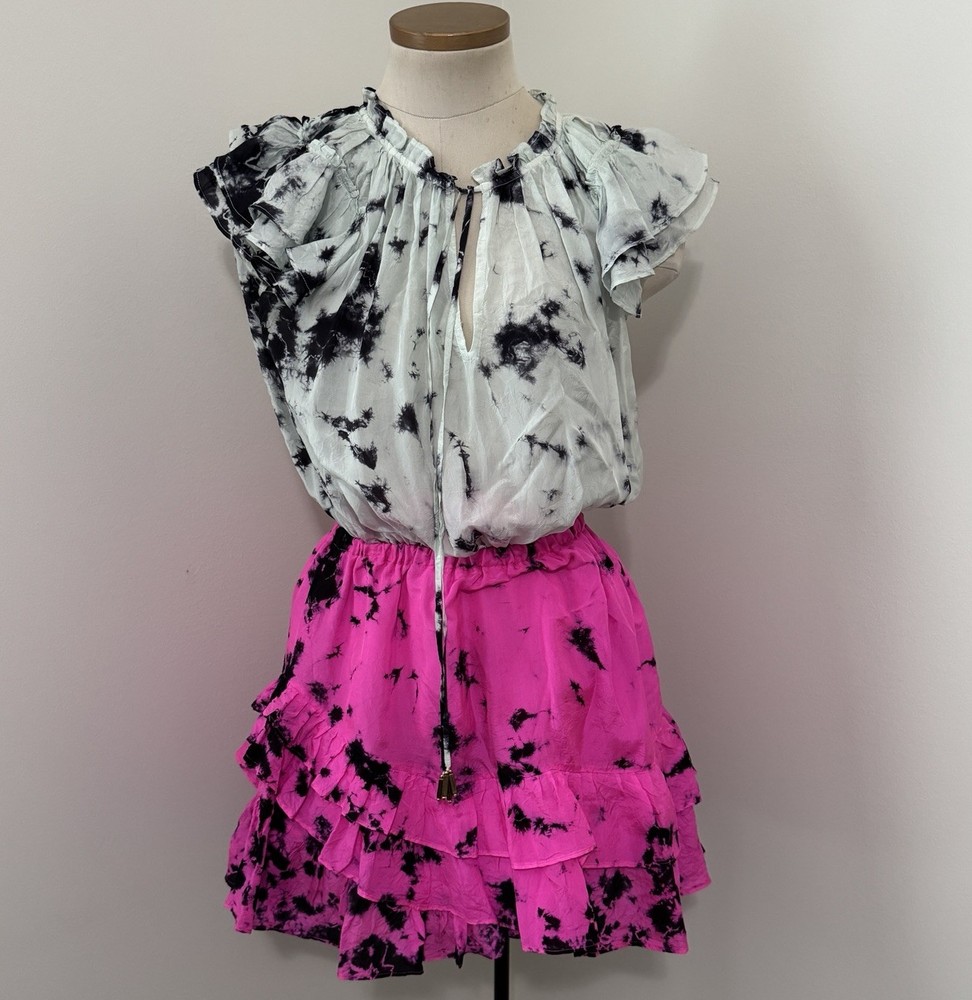 KARINA GRIMALDI Medium Silk Tie Dye Pink Green Mini Ruffle Tie Flutter Sleeve